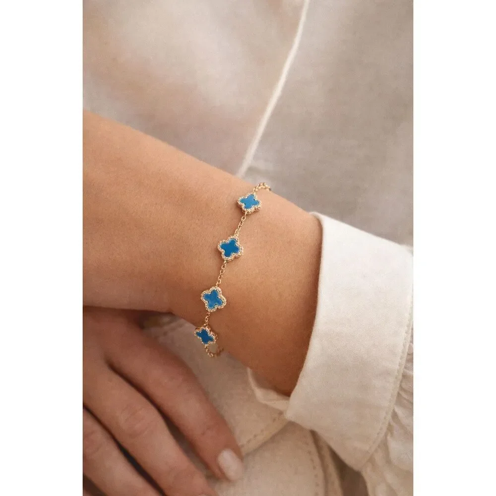 Stunning Gold Vermeil Blue Stone Clover Bracelet Moissanite Accents, Adjustable